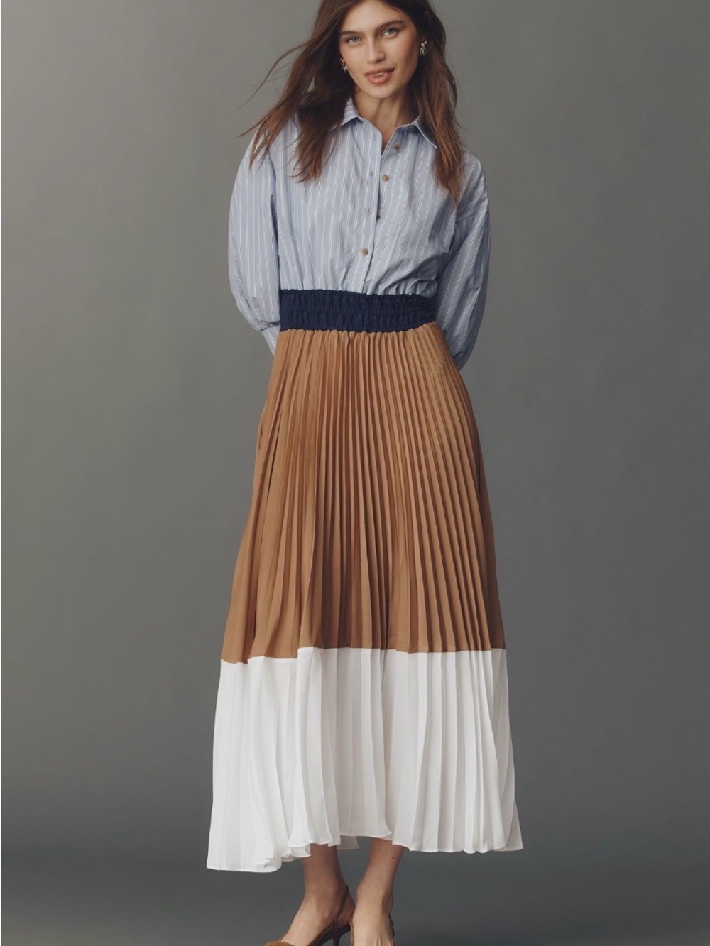 Anthropologie Somerset Colorblock Pleated Two-Tone Maxi Skirt in Tan and White